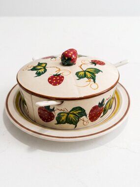 Vintage Fred Roberts Strawberry Preserves Jam Marmalade Divided Dish with Spoons